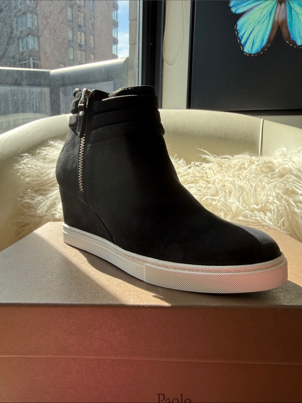 New, Linea Paolo Frieda-L Black Leather Wedge Sneakers 6.5